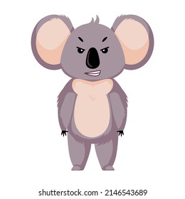 Angry koala isolated on white background. Cartoon character in bad mood. Design of funny animals sticker for showing emotion. Vector illustration