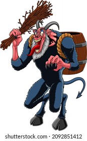 Angry Krampus Or Christmas Devil Cartoon Character. Vector Hand Drawn Illustration Isolated On White Background