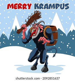 Angry Krampus Or Christmas Devil Cartoon Character. Vector Hand Drawn Illustration With Background And Text