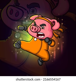 The angry kung fu pig is attacking with the punch esport mascot logo design of illustration