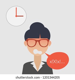 Angry lady boss character. Hassle or quarrel concept. Screaming annoeyd woman. Vector isolated illustration