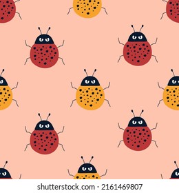 Angry ladybugs hand drawn vector illustration. Funny insect character in flat style. Ladybirds seamless pattern for kids fabric.