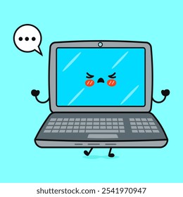 Personagem de Angry Laptop. Ícone de ilustração de personagem kawaii desenhado à mão vetor. Isolado no fundo azul. Conceito de caractere de laptop triste