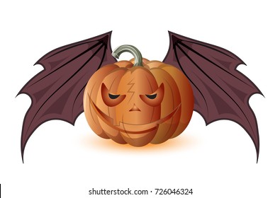 angry laughing orange pumpkin and the wings of a bat, Halloween picture