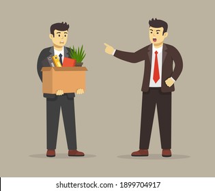 Angry leader businessman yelling at coworker. Boss scolds and pointing index finger at employee. Flat vector illustration template.