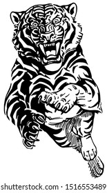 Angry Leaping Tiger. Jumping Big Cat. Front View. Black And White Tattoo Style Vector Illustration