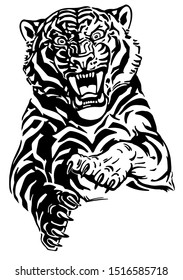 Angry Leaping Tiger. Jumping Big Cat. Front View. Black And White Tattoo Style Vector Illustration