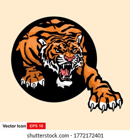 Angry Leaping Tiger. Jumping Big Cat. Front View. Vector Illustration.