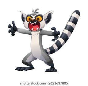 Angry lemur showing teeth with an aggressive stance. Vector cartoon illustration