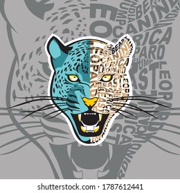 Angry Leopard Face.Drawing and sketch in Typography design.Vector illustration