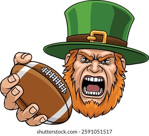 An angry Leprechaun Celtic Irish cartoon character holding American Football ball sports team mascot illustration.