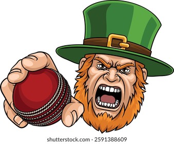 An angry Leprechaun Celtic Irish cartoon character holding Cricket ball sports team mascot illustration.