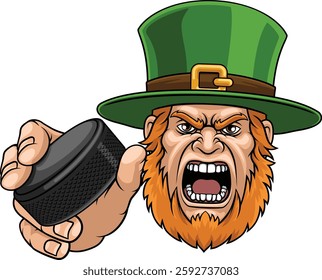 An angry Leprechaun Celtic Irish cartoon character holding hockey puck ice hockey sports team mascot illustration.