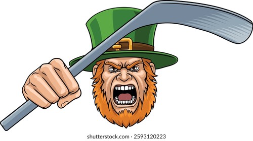 An angry Leprechaun Celtic Irish cartoon character holding hockey stick ice hockey sports team mascot illustration.