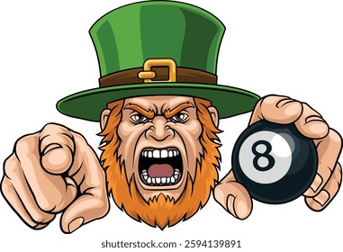 An angry Leprechaun Celtic Irish cartoon character holding billiards pool 8 black ball and pointing sports team mascot illustration.