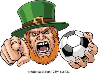 An angry Leprechaun Celtic Irish cartoon character holding Soccer Football ball and pointing sports team mascot illustration.