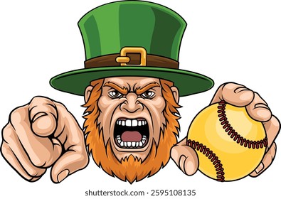 An angry Leprechaun Celtic Irish cartoon character holding Softball ball and pointing sports team mascot illustration.