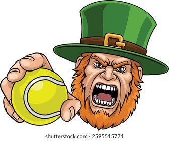 An angry Leprechaun Celtic Irish cartoon character holding Tennis ball sports team mascot illustration.