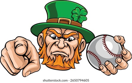 An angry Leprechaun Celtic Irish cartoon character holding baseball ball and pointing sports team mascot illustration.