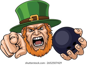 An angry Leprechaun Celtic Irish cartoon character holding Bowling ball and pointing sports team mascot illustration.
