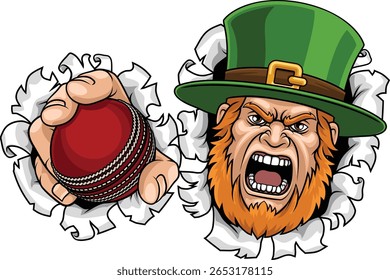 An angry Leprechaun Celtic Irish cartoon character holding Cricket ball sports team mascot illustration.