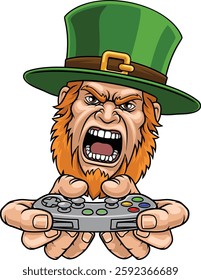 An angry Leprechaun Celtic Irish gamer cartoon character holding controller sports team mascot illustration.