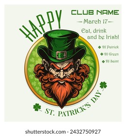 Angry leprechaun on vintage St. Patrick's Day poster. Eat, drink and be Irish. March 17. Vector illustration