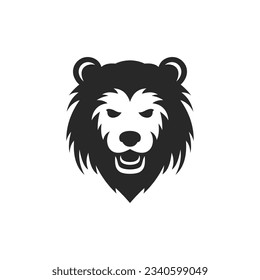 Angry lion carnivorous predator muzzle with furry mane black monochrome logo vector