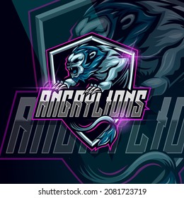 Angry Lion E-sport logo design template vector illustration