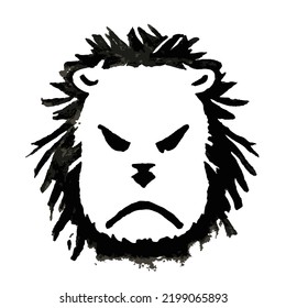 Angry lion face, black ink illustration, isolated on white background.