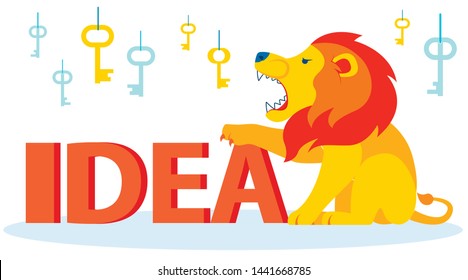 Angry Lion Guarding, Defending Idea Illustration. Mental Obstacle, Fears in Front of Success, Profit. Phobia, Anxiety of Trying Something New. Keys Hanging on Strings from Ceiling Vector
