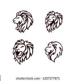 Angry Lion Head Black and White Logo, Sign, Vector Design Set
