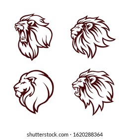 Angry Lion Head Logo Set, Icon, Sign, Outline Flat Design Vector Illustration Template
