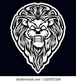 angry lion head mascot black and white vector illustration 