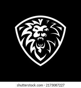 Angry lion head and shield emblem logo icon on dark background