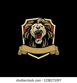 angry lion head vector with ribbon badge logo template