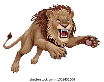 Angry lion is jumping. Vector cartoon illustration