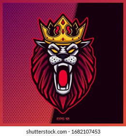 Angry lion king roaring esport and sport mascot logo design in modern illustration concept for team badge emblem and thirst printing.Crown illustration on Pink Purple Background. Vector illustration