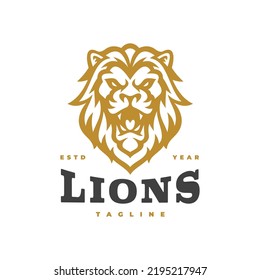 Angry lion line art logo design. Lion head hair mane crest vector icon