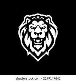 Angry lion line art logo design. Lion head hair mane crest vector icon on dark background