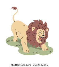 An angry lion with a mane. African animal predator. Wild big cat. Wildlife and fauna. Vector illustration isolated on white background