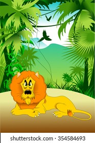 An angry lion with a red mane, vector and illustration