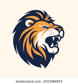 Angry lion roaring head side view. Fierce animal mascot with open mouth. Strength and leadership concept vector illustration.