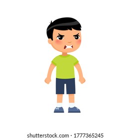 Angry little Asian boy. Furious child, aggressive kid cartoon characters. Kid with mad face expression 