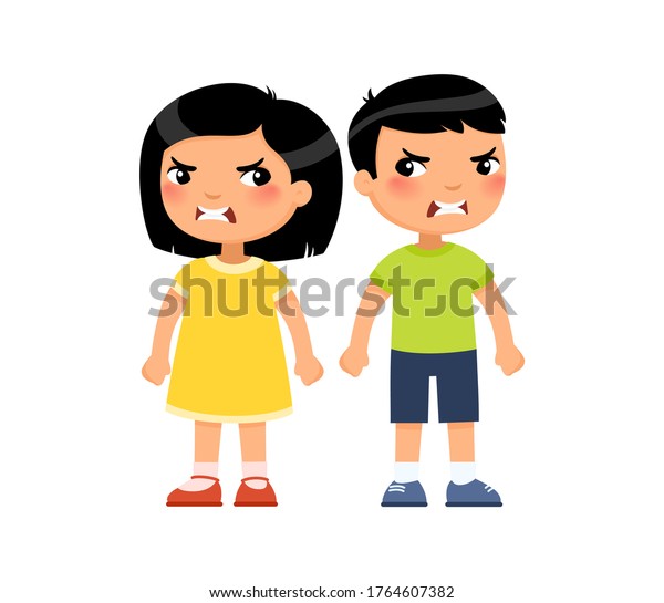 Angry little Asian boy and girl. Furious children quarrel, aggressive