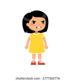 Angry Little Asian Girl Flat Vector Illustration. Furious Child, Aggressive Kid Cartoon Characters. Kid With Mad Face Expression Isolated On White Background	