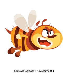 angry little bee in brown and yellow colors, cartoon illustration, isolated object on white background, vector, eps