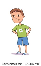 Angry little boy put hands on hips. Cute child isolated person on white background. Vector character illustration of children gestures, emotions, types of moods