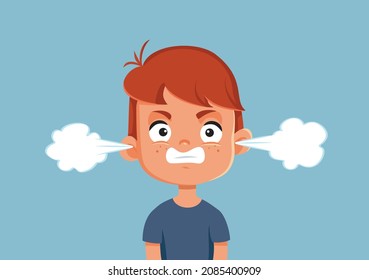 
Angry Little Boy Vector Cartoon Character Illustration. Enraged Kid With Smoke Coming Out Of Her Ears Having A Tantrum Episode 
