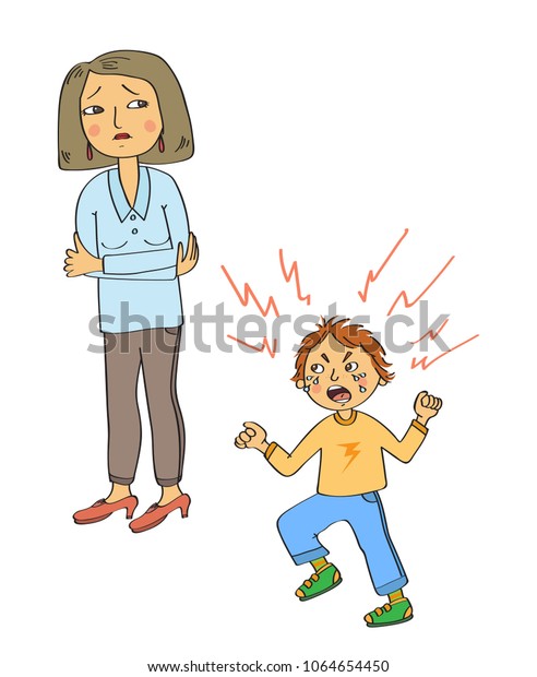 悲鳴を上げ足を踏み鳴らす怒った小さな男の子と彼の悲しい母親 のベクター画像素材 ロイヤリティフリー